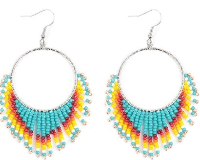 BOHO HOOP SEED BEADS FRINGE FISH HOOK EARRINGS