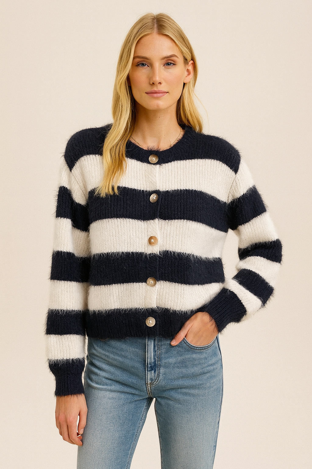 Blue and White Striped Crop Cardigan Eyelash Yarn
