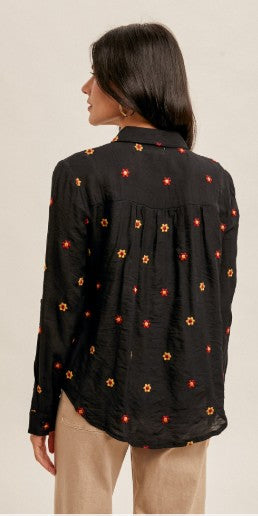 Floral Embroidered Button Down Crinkle Shirt