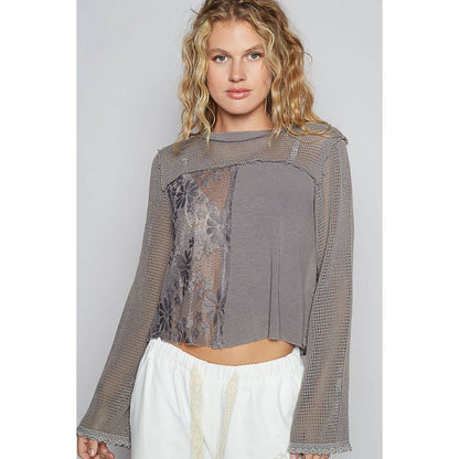 Round neck long sleeve lace crochet contrast top: IRON GREY