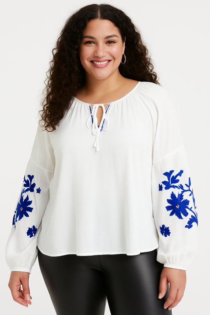 White Peasant Blouse with Blue Embroidered Sleeves