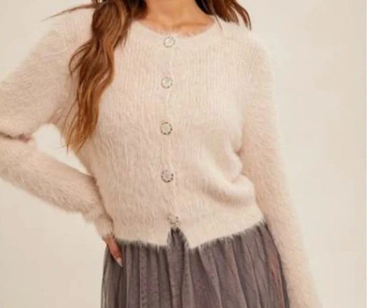 Ballet Pink Eyelash Yarn Button Down Crop Cardigan