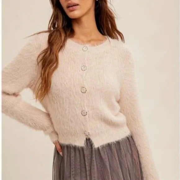 Ballet Pink Eyelash Yarn Button Down Crop Cardigan