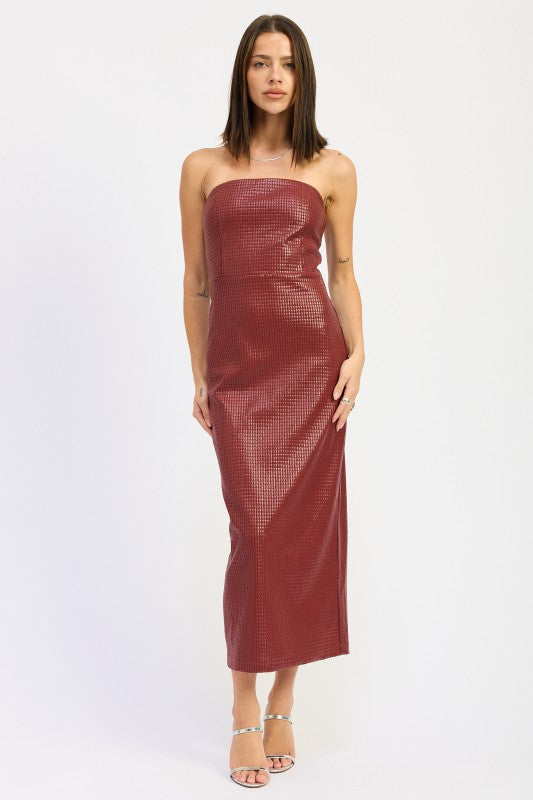 Textured Faux Leather Strapless Midi Dress – Merlot – Reclamation Pink