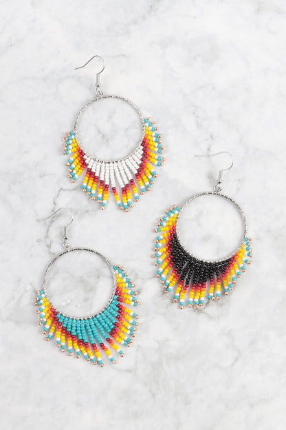 BOHO HOOP SEED BEADS FRINGE FISH HOOK EARRINGS-