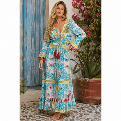 POL Bohemian Print Tassel Trim Maxi Dress