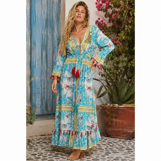 POL Bohemian Print Tassel Trim Maxi Dress