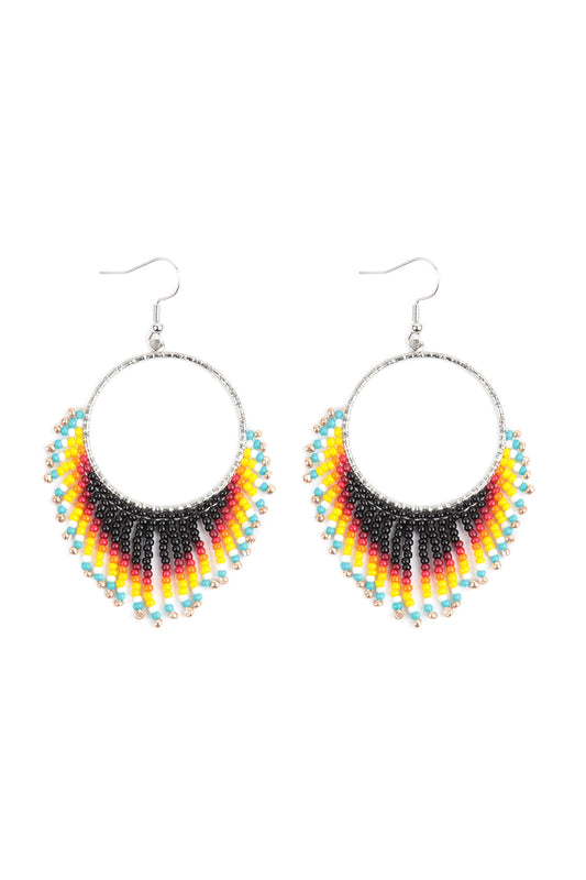 BOHO HOOP SEED BEADS FRINGE FISH HOOK EARRINGS-