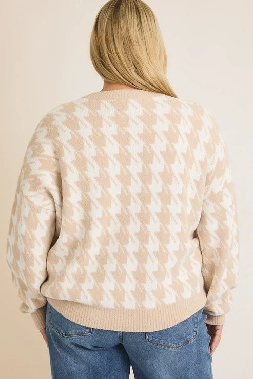 Houndstooth Pattern Crewneck Long Sleeve Sweater