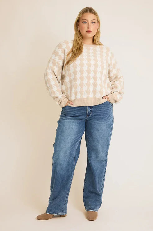 Houndstooth Pattern Crewneck Long Sleeve Sweater