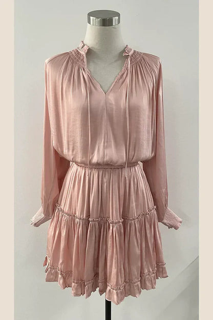 Flowy Blush Pink Elastic Waist Ruffle V-Neck Boho Frankie Mini Dress