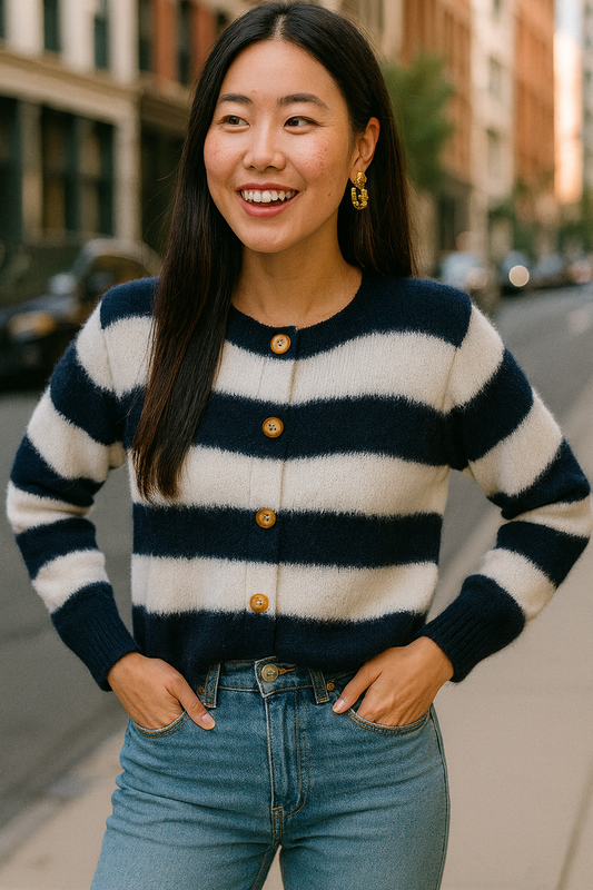 Blue and White Striped Crop Cardigan Eyelash Yarn