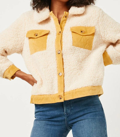Contrast Corduroy Trimmed Button Up Sherpa Jacket
