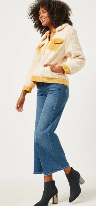 Contrast Corduroy Trimmed Button Up Sherpa Jacket