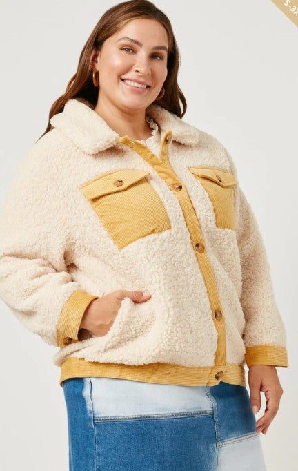 Contrast Corduroy Trimmed Button Up Sherpa Jacket