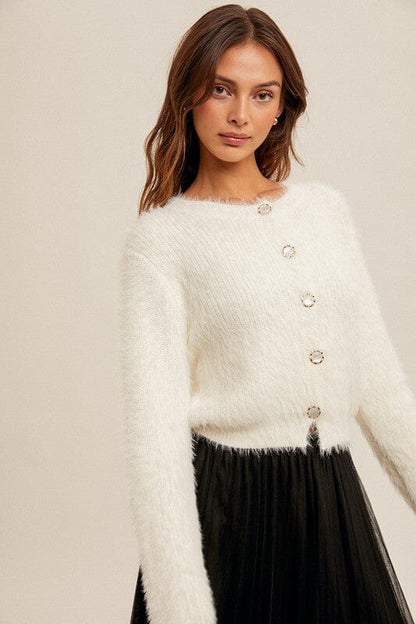 Ballet Pink Eyelash Yarn Button Down Crop Cardigan