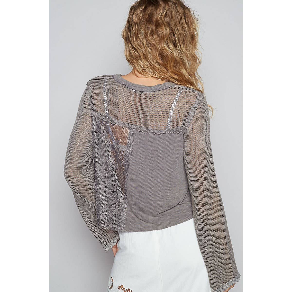 Round neck long sleeve lace crochet contrast top: IRON GREY