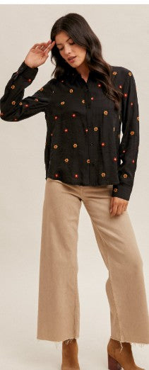 Floral Embroidered Button Down Crinkle Shirt