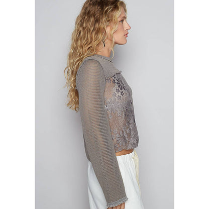Round neck long sleeve lace crochet contrast top: IRON GREY