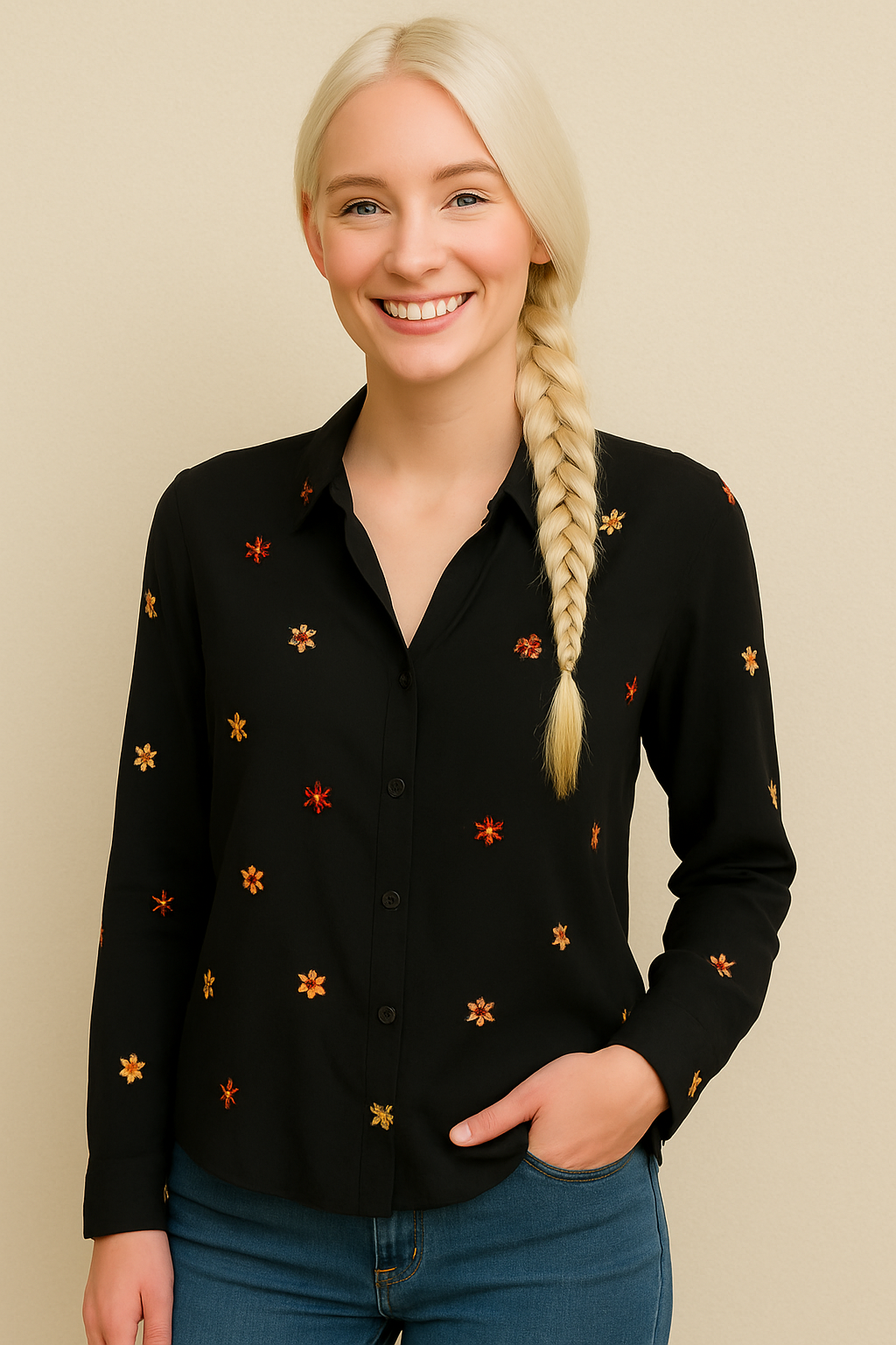 Floral Embroidered Button Down Crinkle Shirt