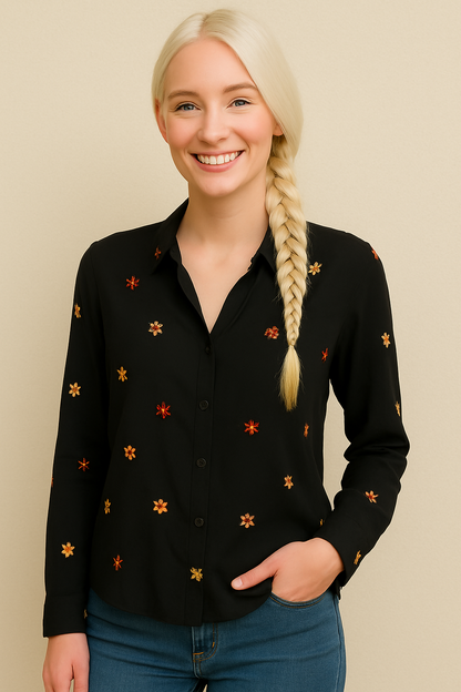 Floral Embroidered Button Down Crinkle Shirt