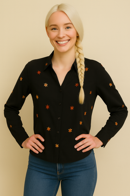 Floral Embroidered Button Down Crinkle Shirt