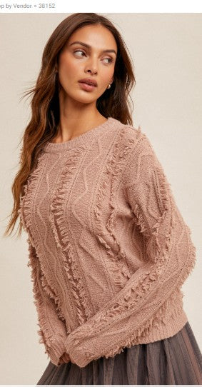 Rose Colored Fringe Detail Sweater
