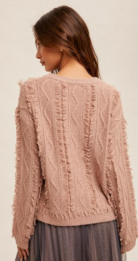 Rose Colored Fringe Detail Sweater