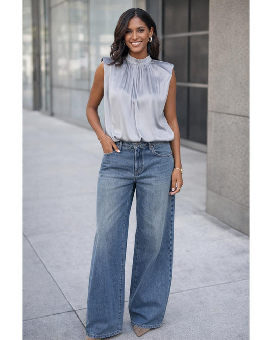 Mock Neck Padded Shoulder With Lace Trim Bodysuit