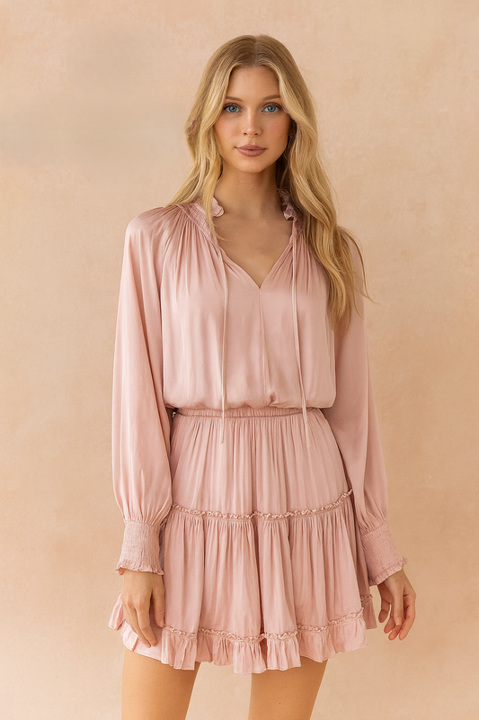 Flowy Blush Pink Elastic Waist Ruffle V-Neck Boho Frankie Mini Dress