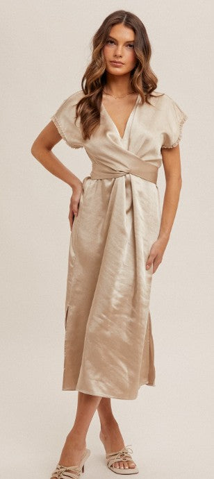 Champagne V-Neck Satin Wrap Midi Dress