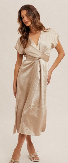 Champagne V-Neck Satin Wrap Midi Dress