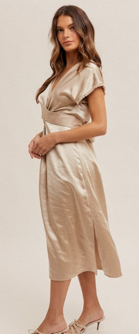 Champagne V-Neck Satin Wrap Midi Dress