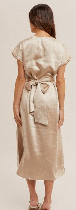 Champagne V-Neck Satin Wrap Midi Dress