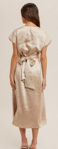 Champagne V-Neck Satin Wrap Midi Dress