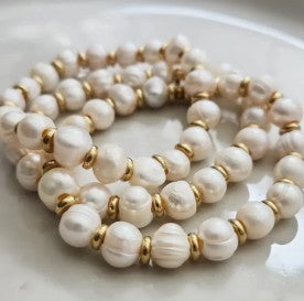 Natural White Pearl and Brass Beaded Stretch Bracelets
