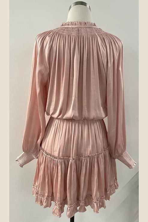 Flowy Blush Pink Elastic Waist Ruffle V-Neck Boho Frankie Mini Dress