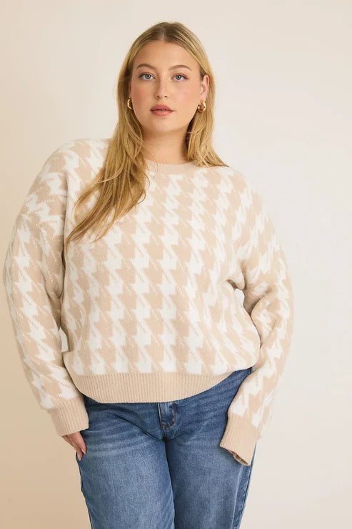 Houndstooth Pattern Crewneck Long Sleeve Sweater