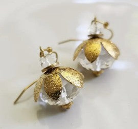 Clear Faceted Quartz and Brass Lotus Bauble Dangle Earrings