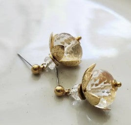 Clear Faceted Quartz and Brass Lotus Bauble Dangle Earrings
