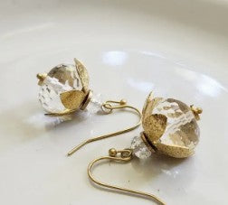 Clear Faceted Quartz and Brass Lotus Bauble Dangle Earrings