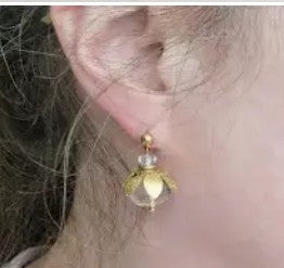 Clear Faceted Quartz and Brass Lotus Bauble Dangle Earrings