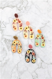 ARCH SUNFLOWER WOOD POST DANGLE EARRINGS-LIGHT GREEN