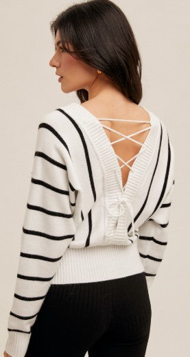 Striped Lace-Up Back Cardigan