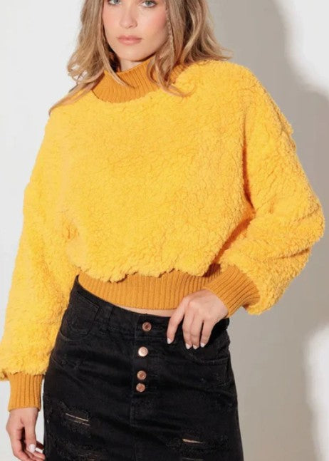 Fuzzy Mock Neck Turtle Neck Teddy Crop Sweater