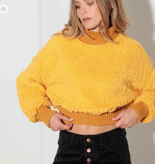 Fuzzy Mock Neck Turtle Neck Teddy Crop Sweater