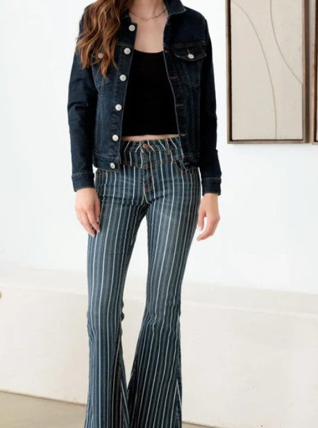 UNIQ BY LITZ - Mid Waist Striped Flare Jeans