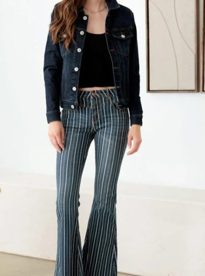 UNIQ BY LITZ - Mid Waist Striped Flare Jeans