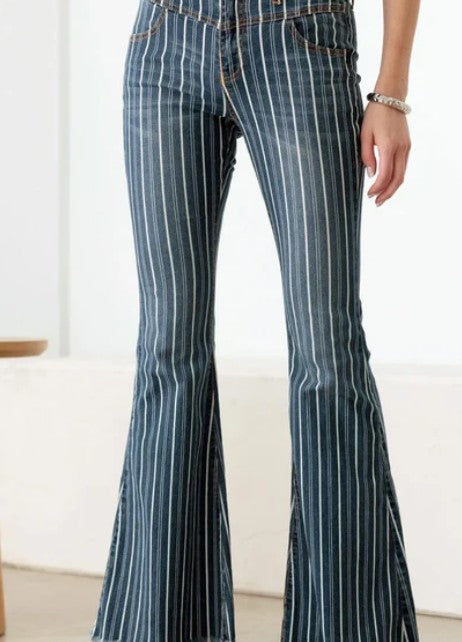 UNIQ BY LITZ - Mid Waist Striped Flare Jeans