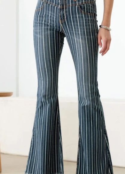 UNIQ BY LITZ - Mid Waist Striped Flare Jeans